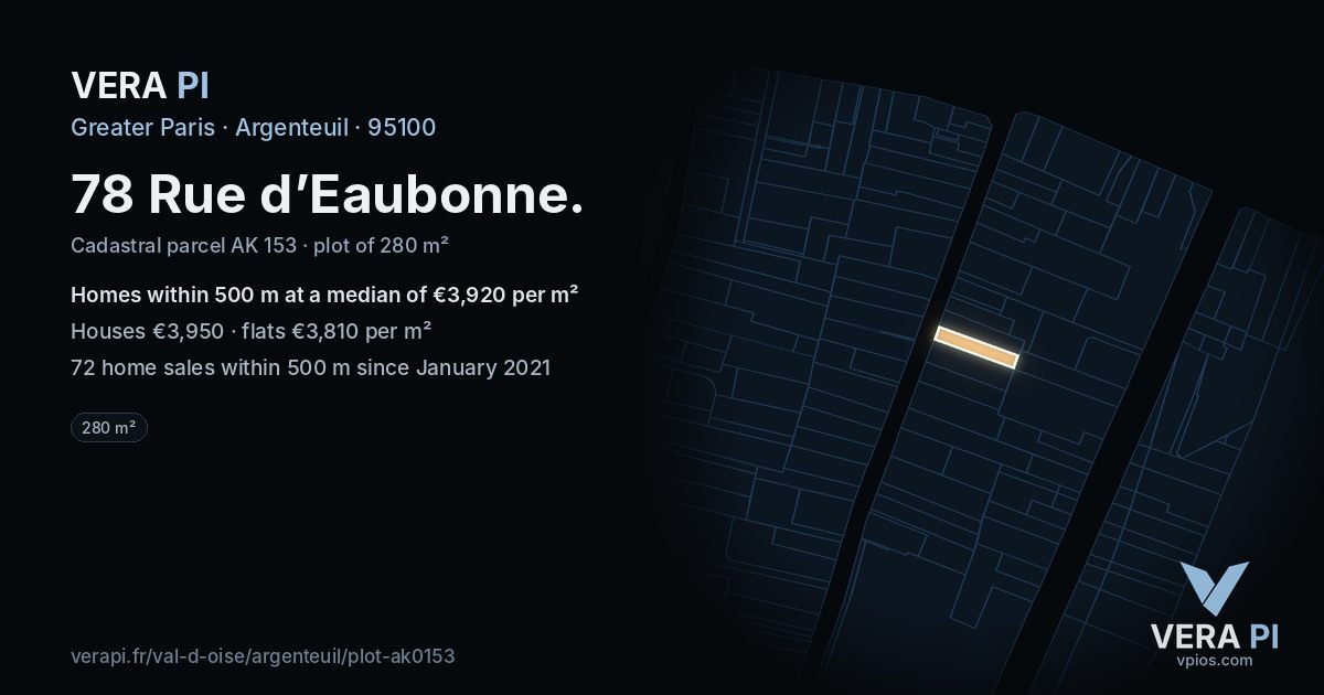 78 Rue d’Eaubonne, Argenteuil at night – the plot lit, the parcels around coloured by the prices near them