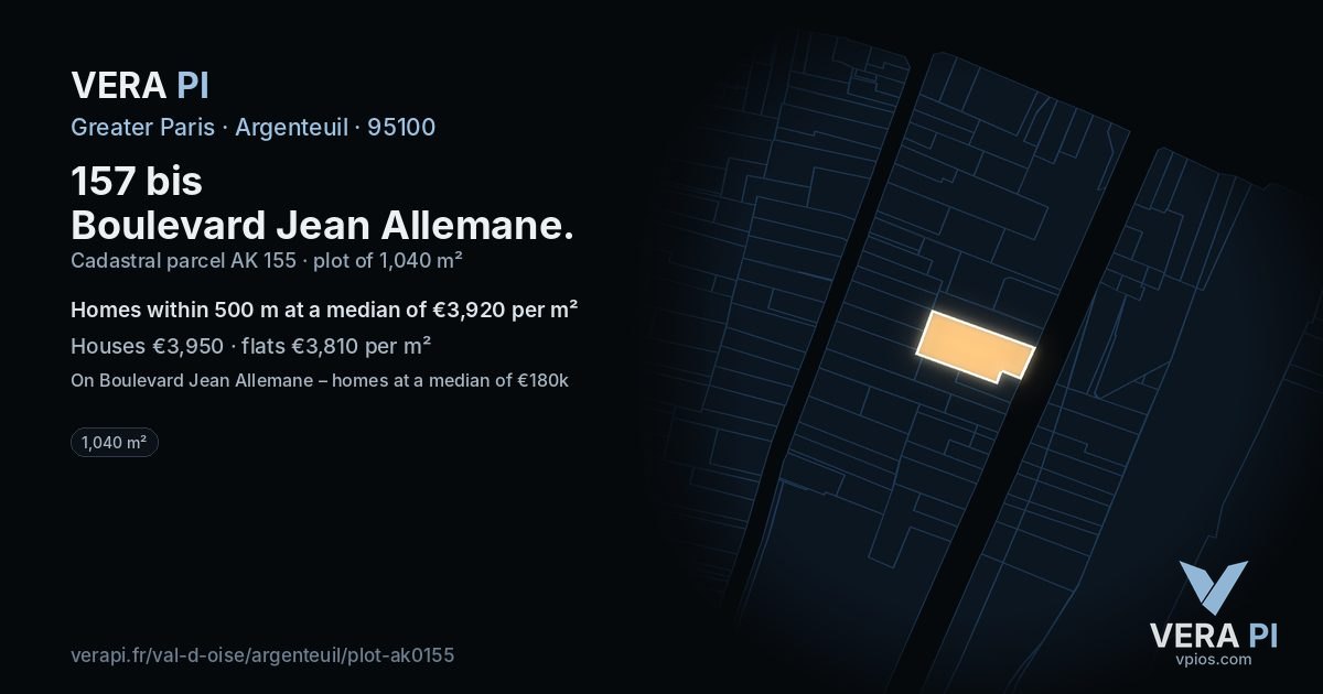 157 bis Boulevard Jean Allemane, Argenteuil at night – the plot lit, the parcels around coloured by the prices near them