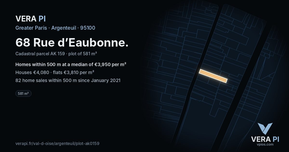 68 Rue d’Eaubonne, Argenteuil at night – the plot lit, the parcels around coloured by the prices near them