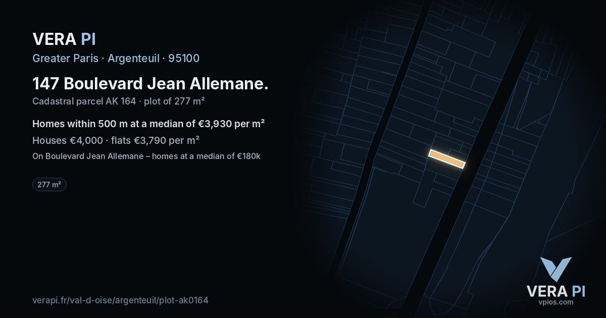 147 Boulevard Jean Allemane, Argenteuil at night – the plot lit, the parcels around coloured by the prices near them