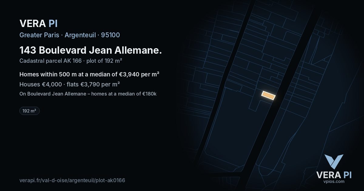 143 Boulevard Jean Allemane, Argenteuil at night – the plot lit, the parcels around coloured by the prices near them
