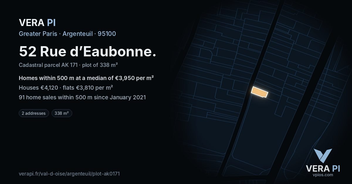 52 Rue d’Eaubonne, Argenteuil at night – the plot lit, the parcels around coloured by the prices near them
