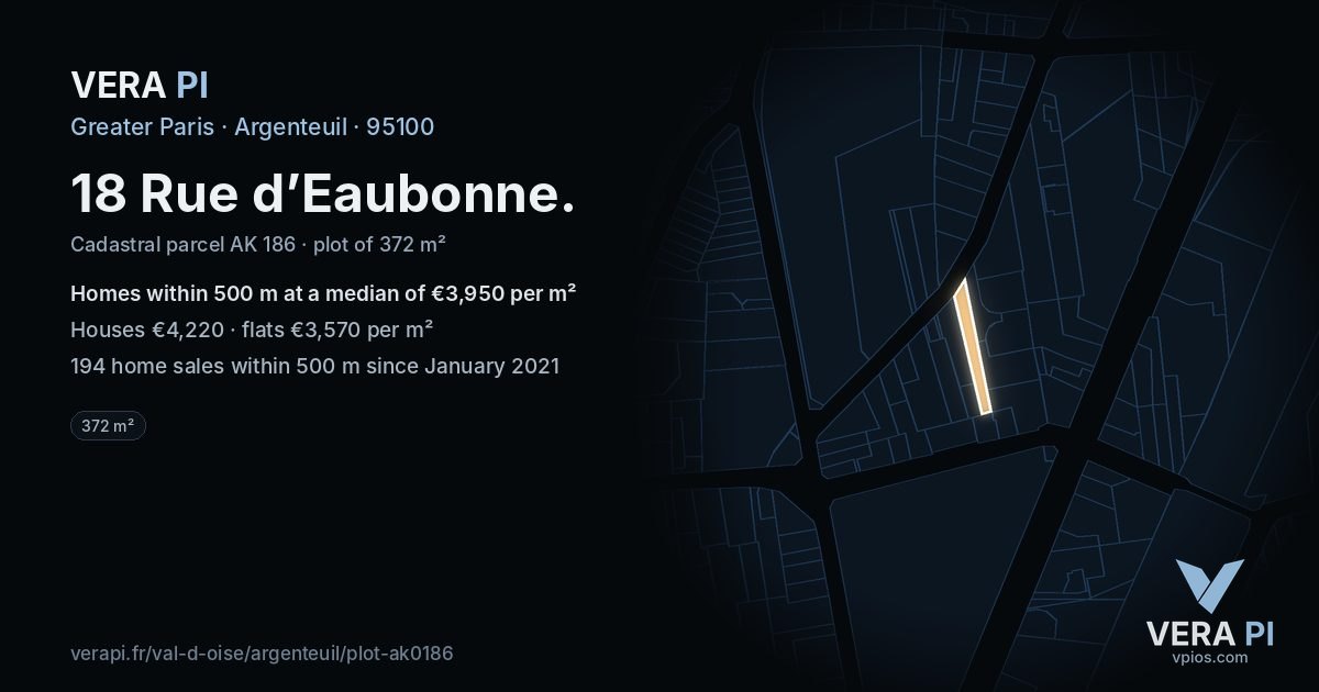 18 Rue d’Eaubonne, Argenteuil at night – the plot lit, the parcels around coloured by the prices near them