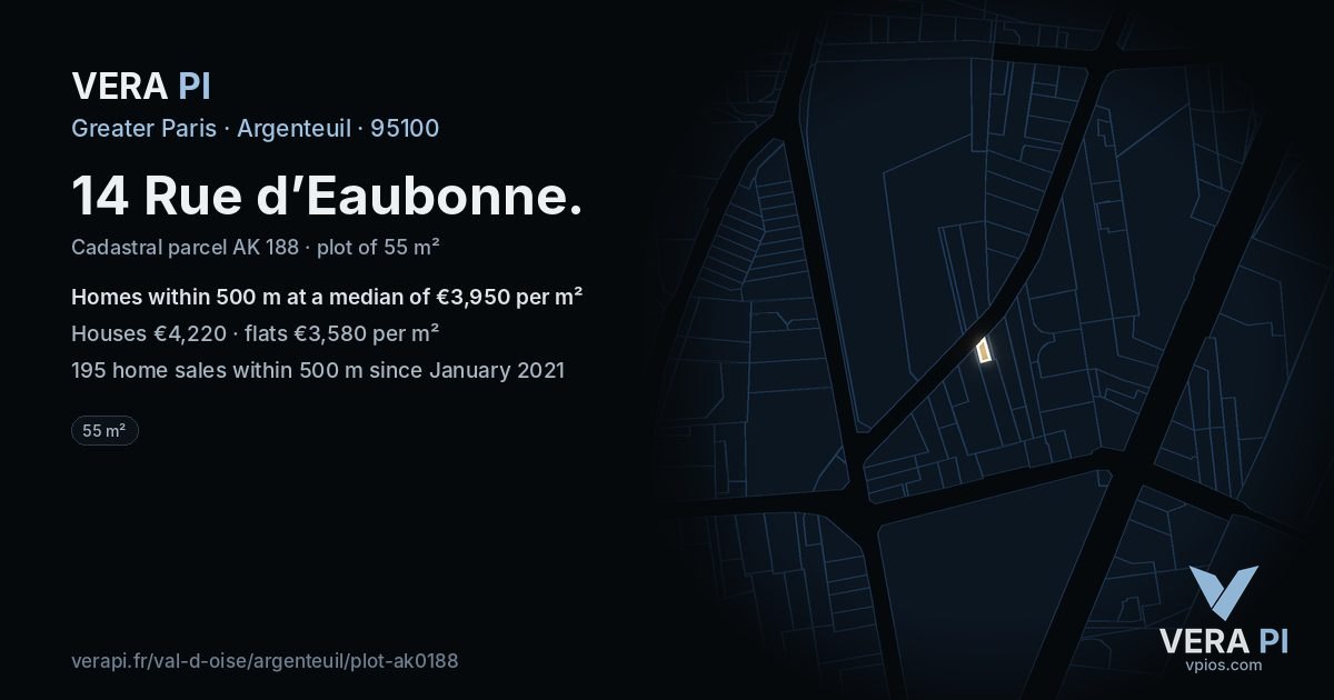 14 Rue d’Eaubonne, Argenteuil at night – the plot lit, the parcels around coloured by the prices near them