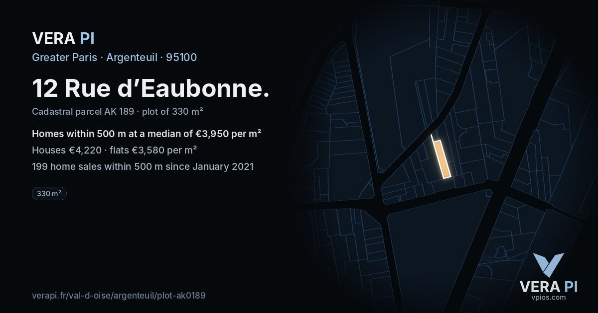12 Rue d’Eaubonne, Argenteuil at night – the plot lit, the parcels around coloured by the prices near them