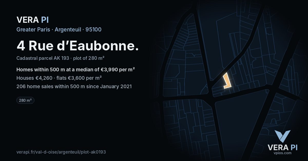 4 Rue d’Eaubonne, Argenteuil at night – the plot lit, the parcels around coloured by the prices near them