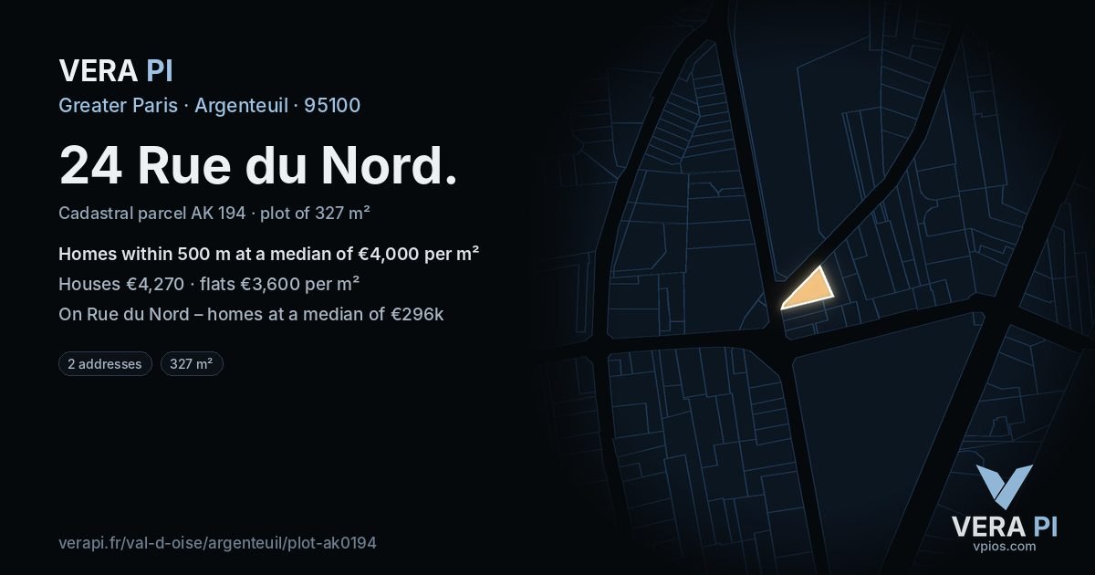 24 Rue du Nord, Argenteuil at night – the plot lit, the parcels around coloured by the prices near them