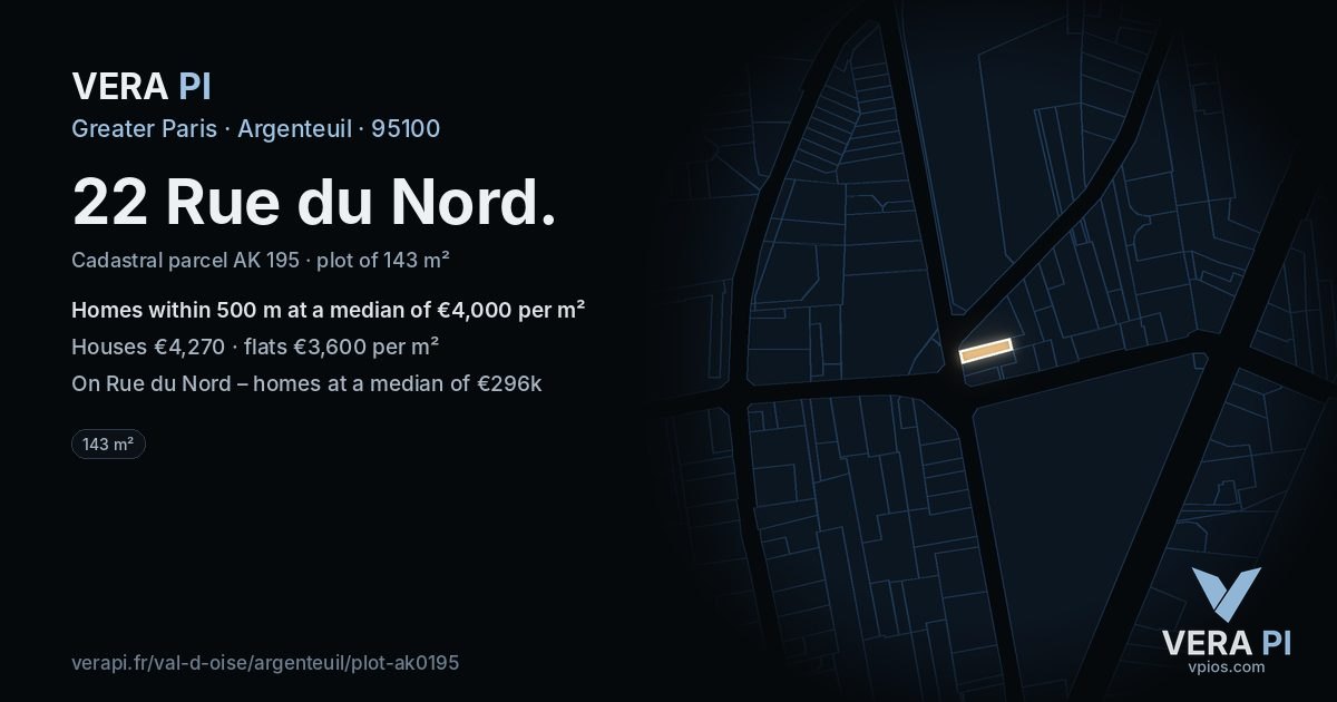 22 Rue du Nord, Argenteuil at night – the plot lit, the parcels around coloured by the prices near them