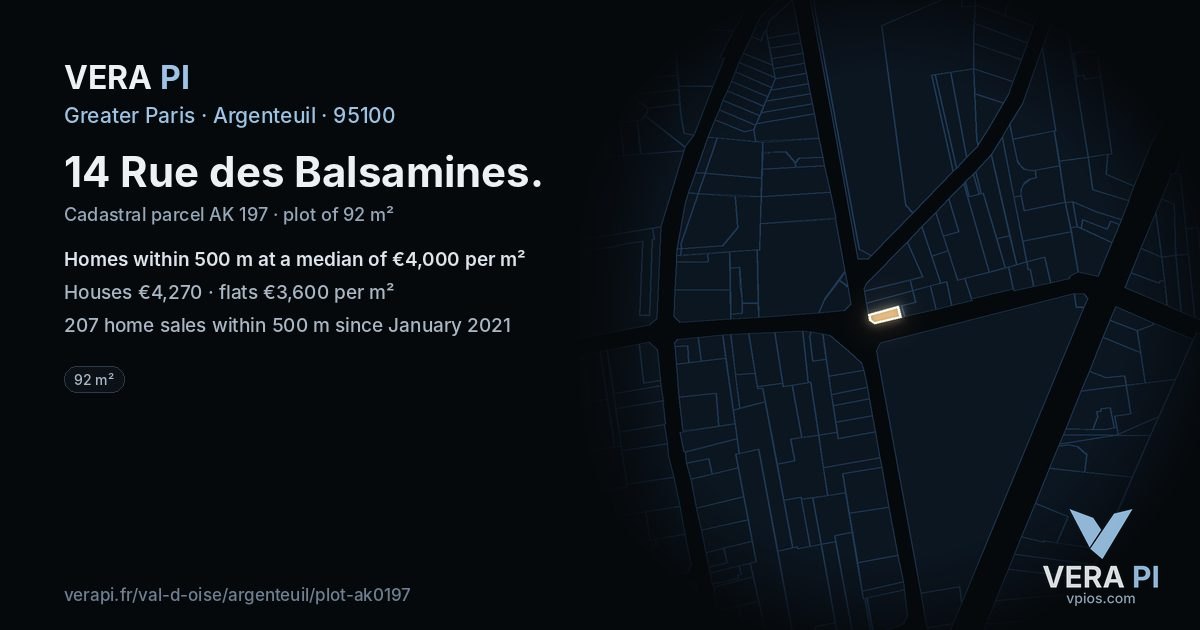 14 Rue des Balsamines, Argenteuil at night – the plot lit, the parcels around coloured by the prices near them
