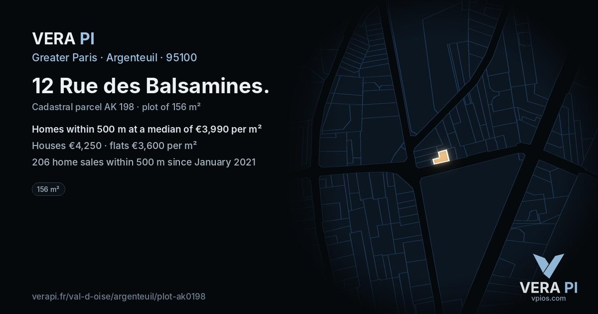 12 Rue des Balsamines, Argenteuil at night – the plot lit, the parcels around coloured by the prices near them