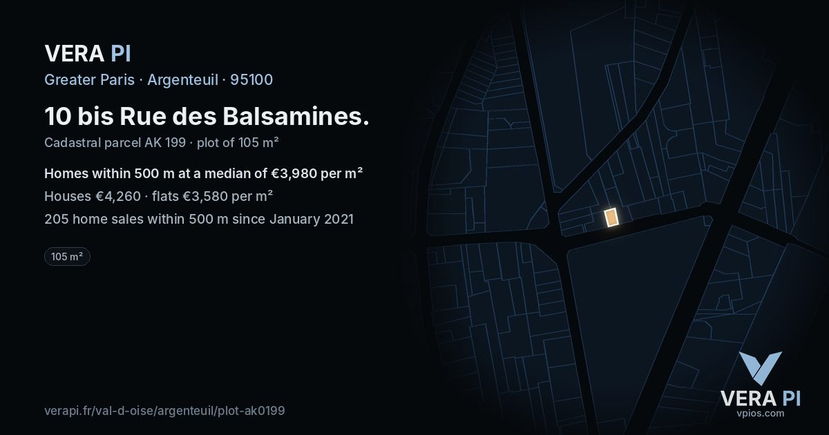10 bis Rue des Balsamines, Argenteuil at night – the plot lit, the parcels around coloured by the prices near them