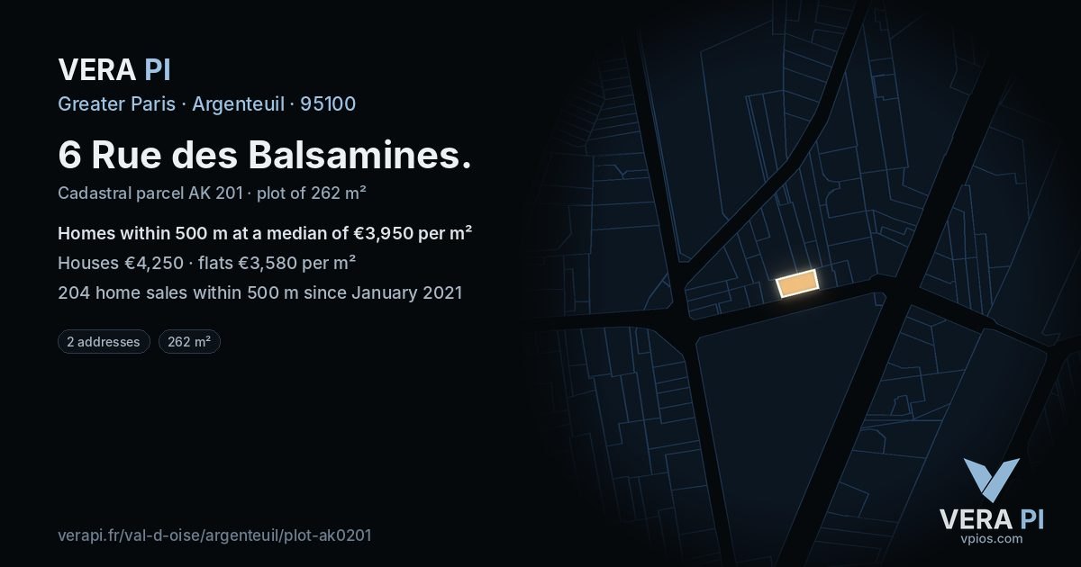 6 Rue des Balsamines, Argenteuil at night – the plot lit, the parcels around coloured by the prices near them