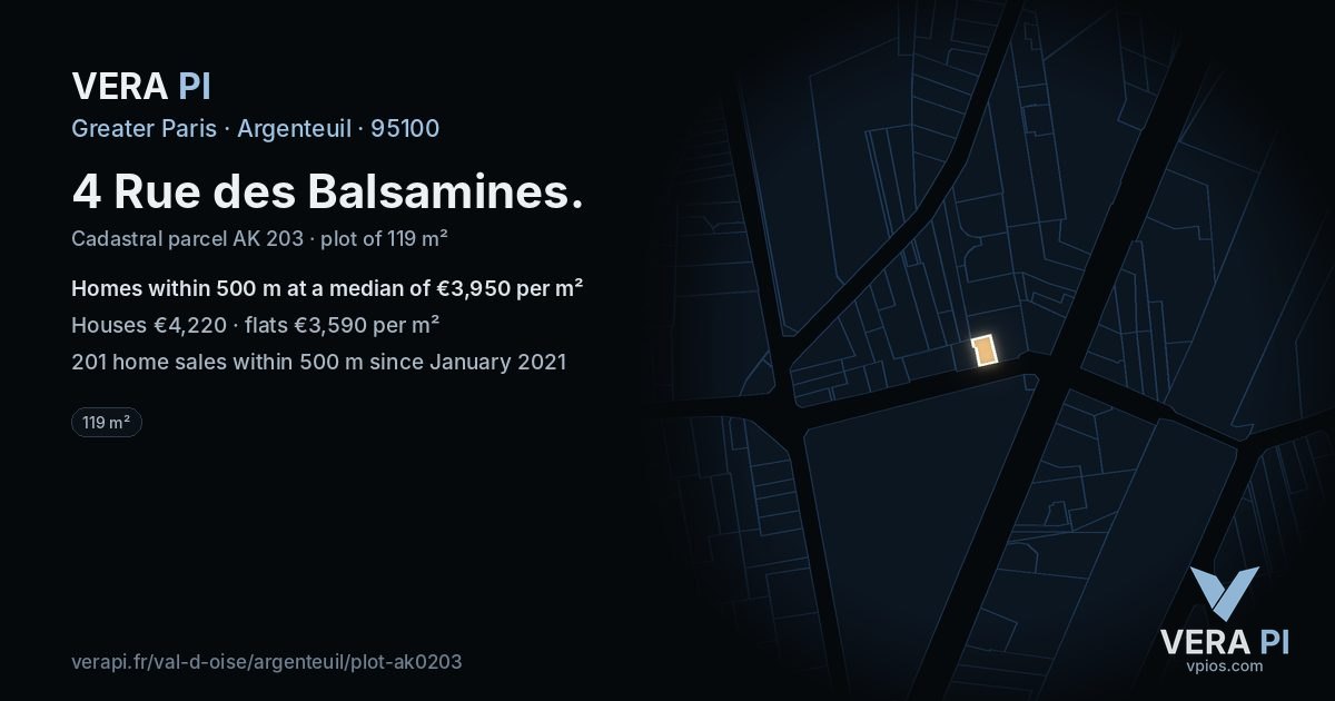 4 Rue des Balsamines, Argenteuil at night – the plot lit, the parcels around coloured by the prices near them