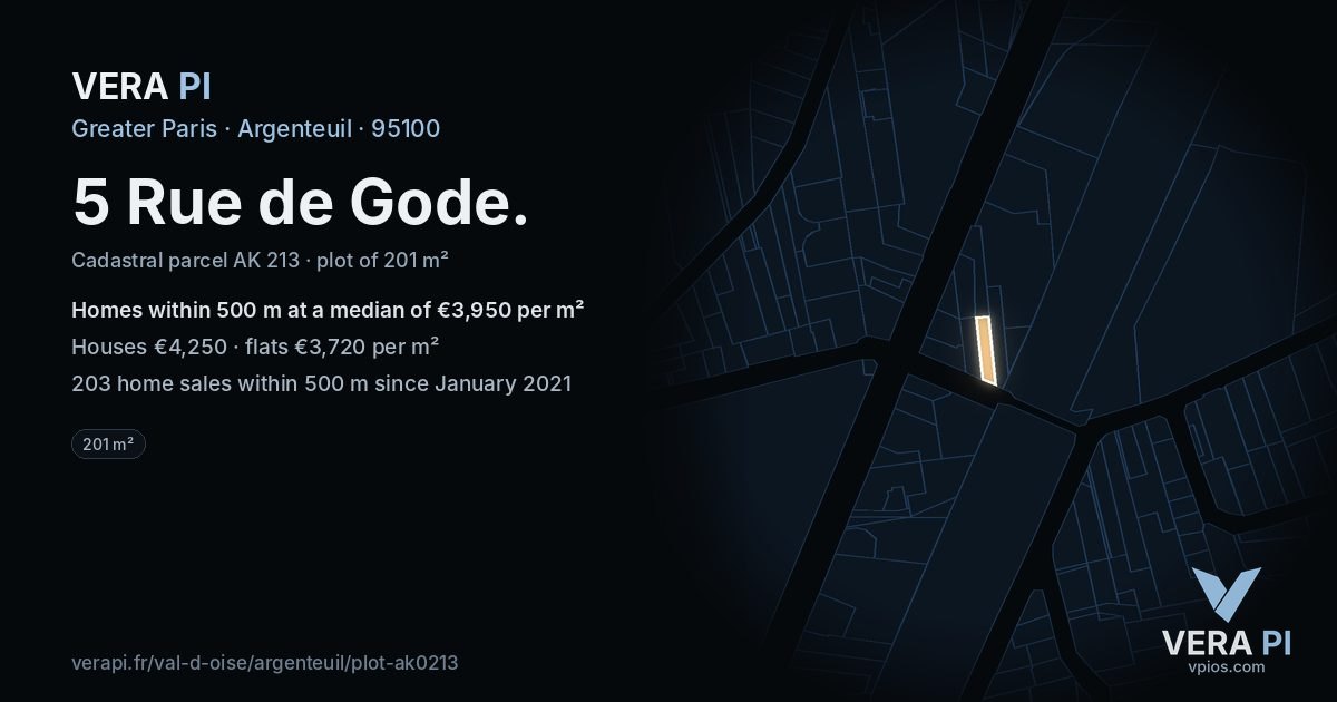 5 Rue de Gode, Argenteuil at night – the plot lit, the parcels around coloured by the prices near them