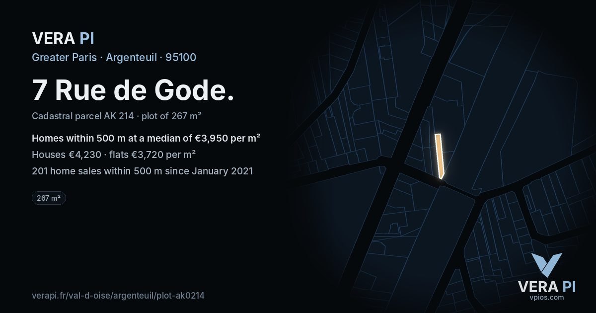 7 Rue de Gode, Argenteuil at night – the plot lit, the parcels around coloured by the prices near them