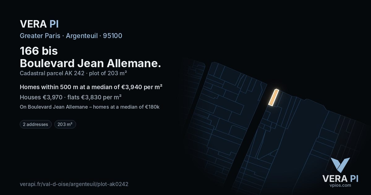 166 bis Boulevard Jean Allemane, Argenteuil at night – the plot lit, the parcels around coloured by the prices near them