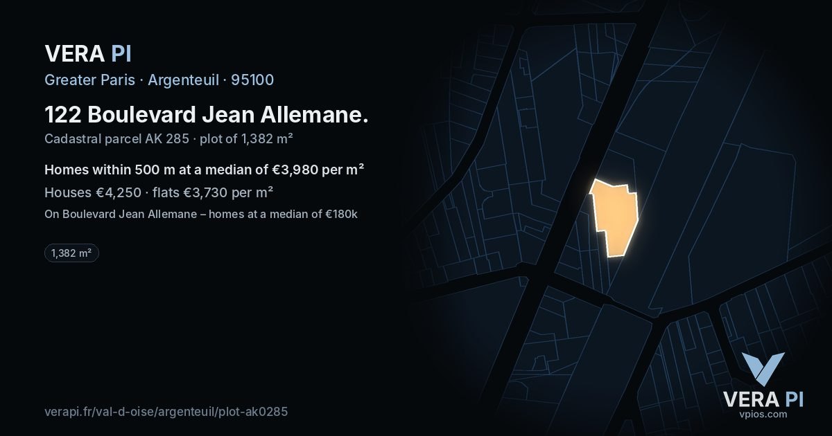 122 Boulevard Jean Allemane, Argenteuil at night – the plot lit, the parcels around coloured by the prices near them