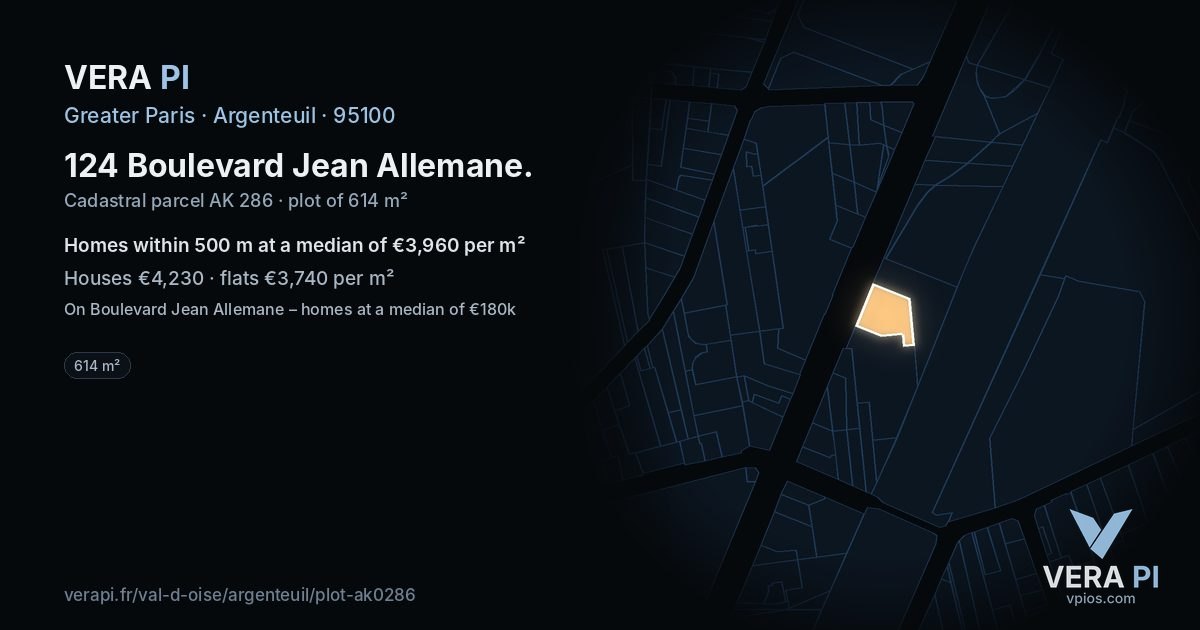 124 Boulevard Jean Allemane, Argenteuil at night – the plot lit, the parcels around coloured by the prices near them