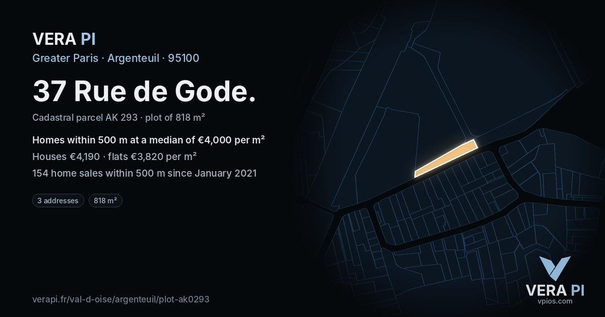 37 Rue de Gode, Argenteuil at night – the plot lit, the parcels around coloured by the prices near them