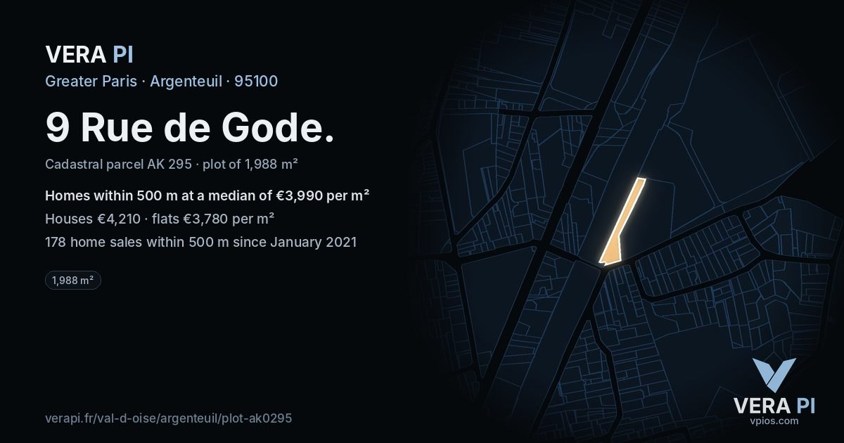 9 Rue de Gode, Argenteuil at night – the plot lit, the parcels around coloured by the prices near them