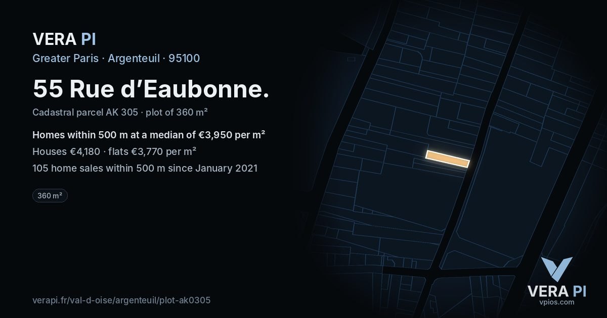 55 Rue d’Eaubonne, Argenteuil at night – the plot lit, the parcels around coloured by the prices near them