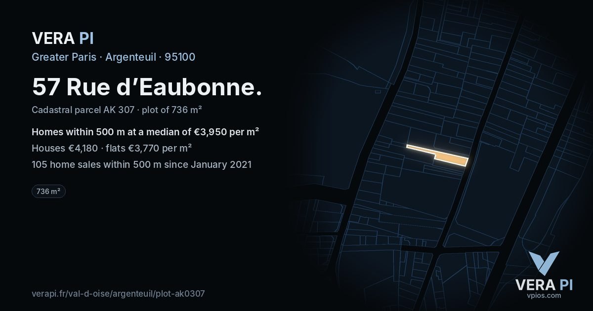 57 Rue d’Eaubonne, Argenteuil at night – the plot lit, the parcels around coloured by the prices near them