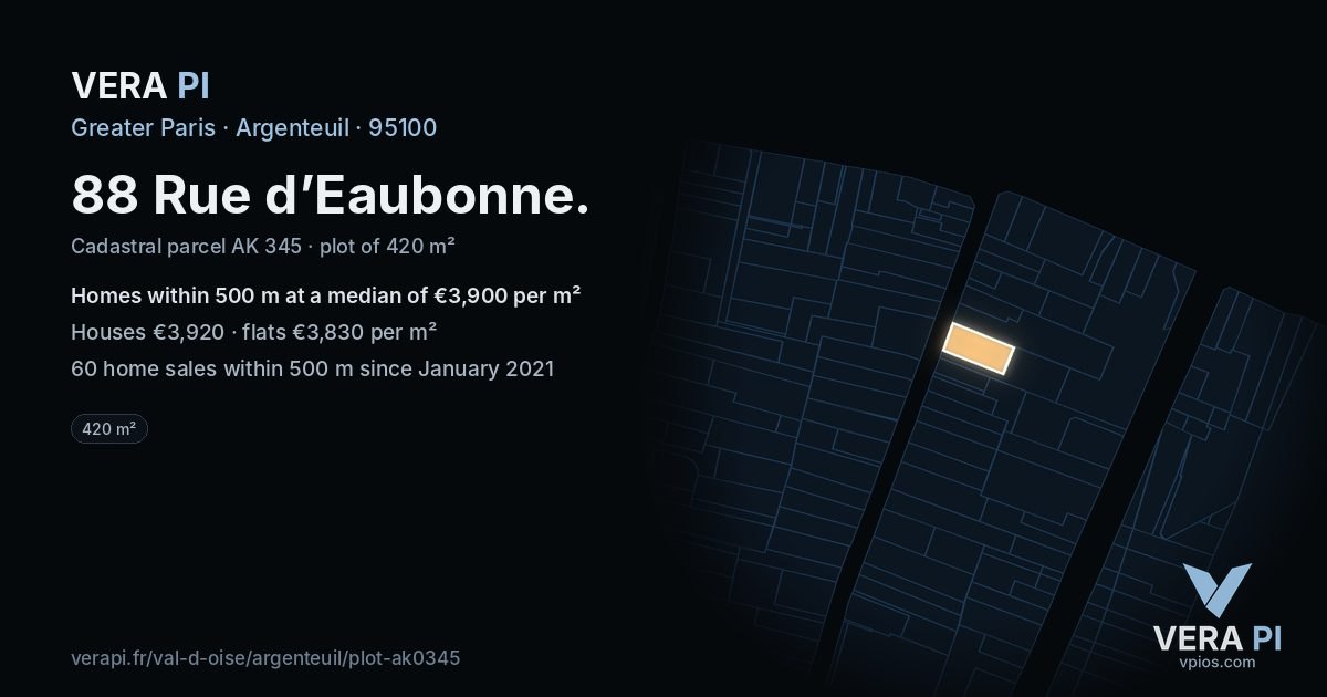 88 Rue d’Eaubonne, Argenteuil at night – the plot lit, the parcels around coloured by the prices near them