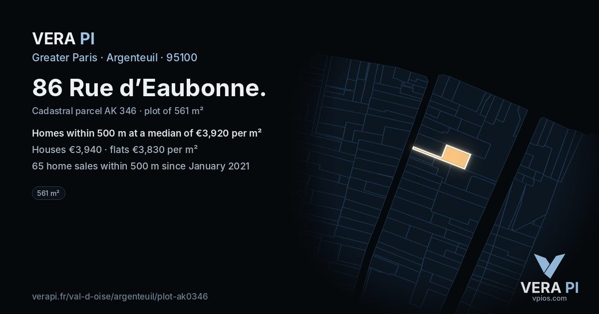 86 Rue d’Eaubonne, Argenteuil at night – the plot lit, the parcels around coloured by the prices near them