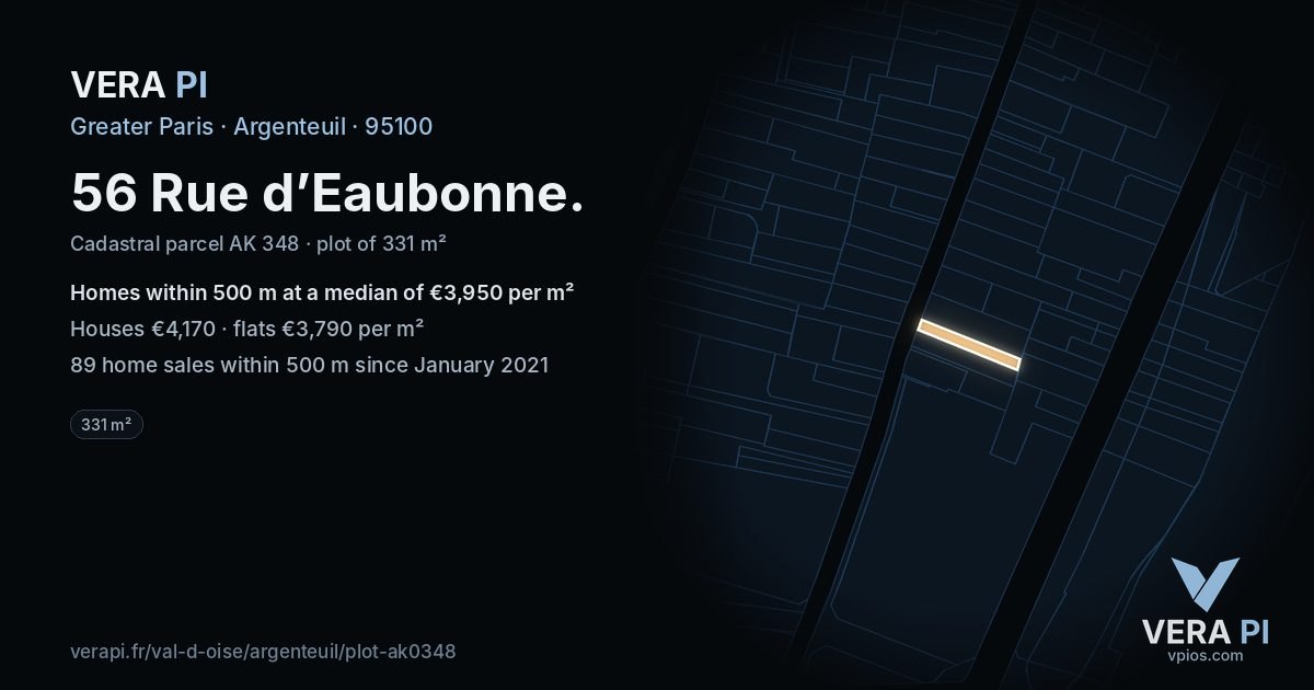 56 Rue d’Eaubonne, Argenteuil at night – the plot lit, the parcels around coloured by the prices near them