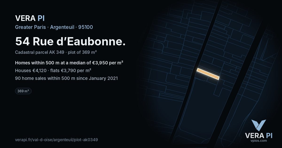 54 Rue d’Eaubonne, Argenteuil at night – the plot lit, the parcels around coloured by the prices near them