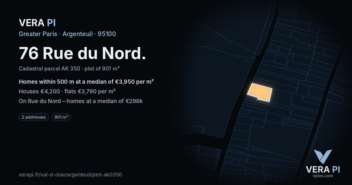 76 Rue du Nord, Argenteuil at night – the plot lit, the parcels around coloured by the prices near them