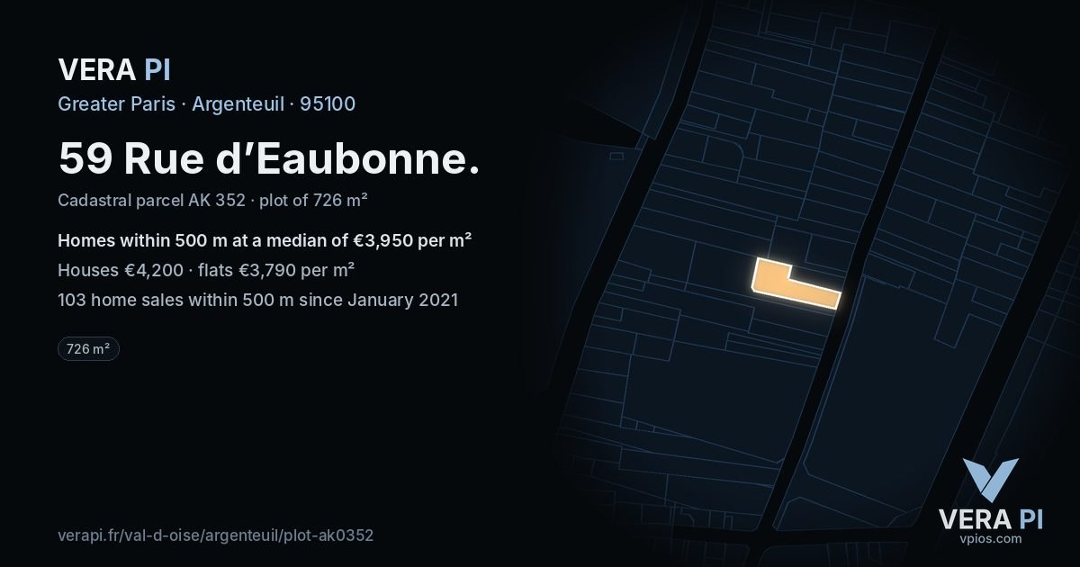 59 Rue d’Eaubonne, Argenteuil at night – the plot lit, the parcels around coloured by the prices near them