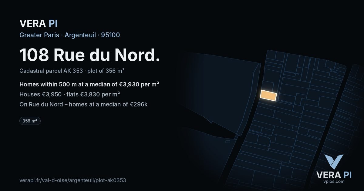 108 Rue du Nord, Argenteuil at night – the plot lit, the parcels around coloured by the prices near them