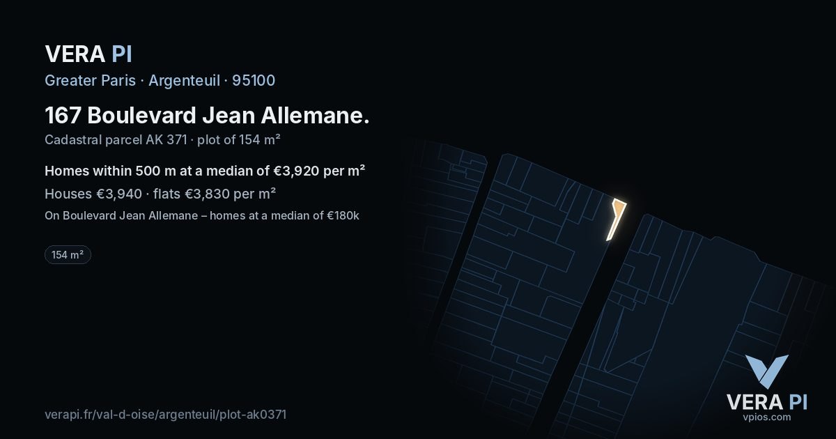 167 Boulevard Jean Allemane, Argenteuil at night – the plot lit, the parcels around coloured by the prices near them
