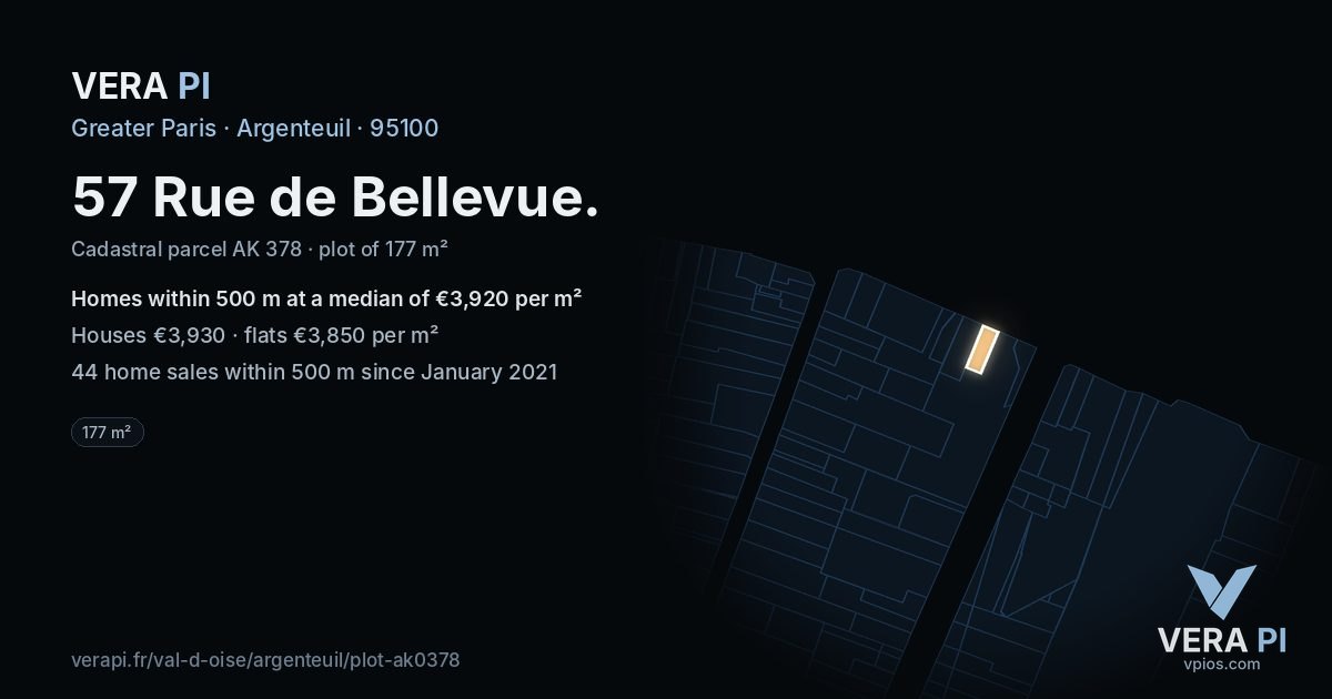 57 Rue de Bellevue, Argenteuil at night – the plot lit, the parcels around coloured by the prices near them