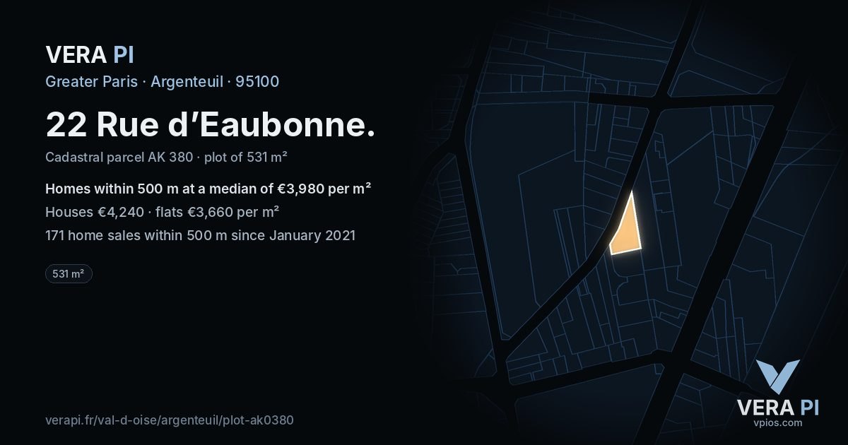 22 Rue d’Eaubonne, Argenteuil at night – the plot lit, the parcels around coloured by the prices near them