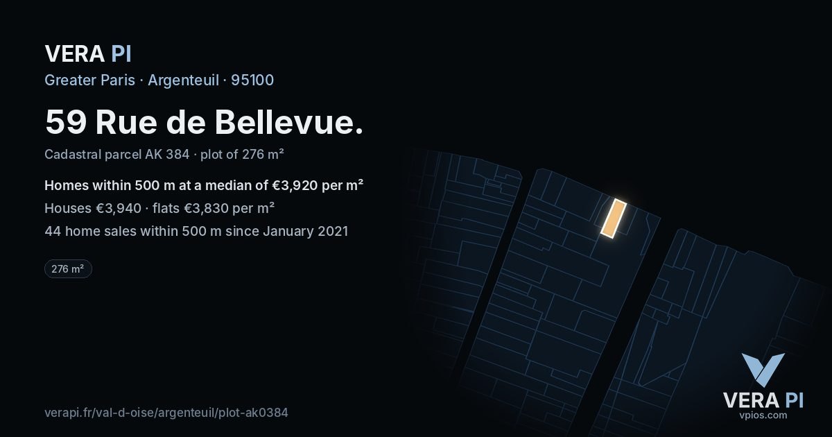 59 Rue de Bellevue, Argenteuil at night – the plot lit, the parcels around coloured by the prices near them