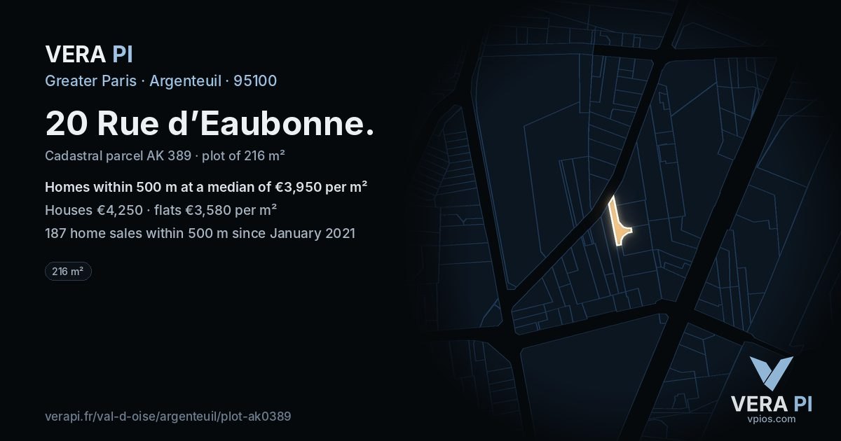 20 Rue d’Eaubonne, Argenteuil at night – the plot lit, the parcels around coloured by the prices near them