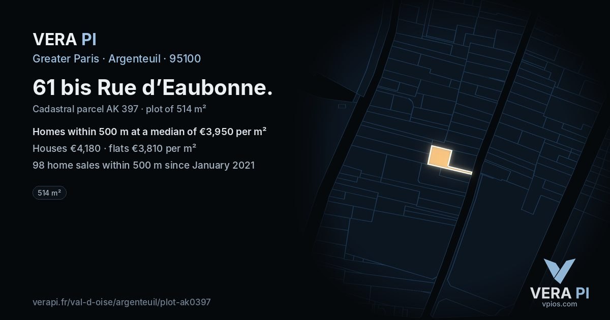 61 bis Rue d’Eaubonne, Argenteuil at night – the plot lit, the parcels around coloured by the prices near them