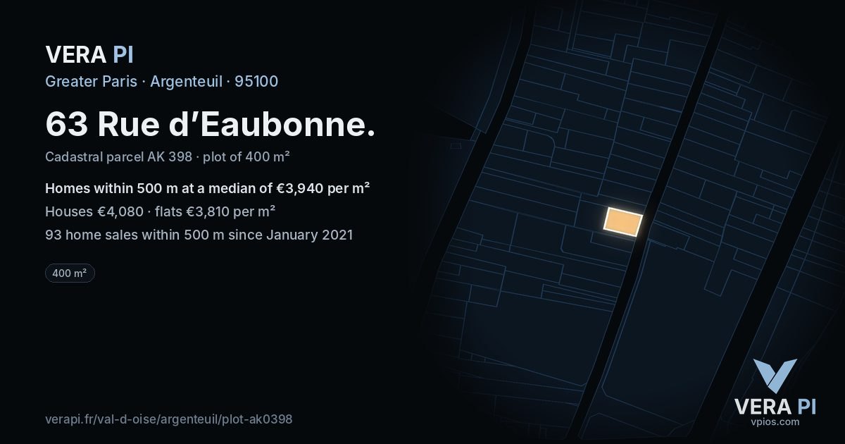 63 Rue d’Eaubonne, Argenteuil at night – the plot lit, the parcels around coloured by the prices near them