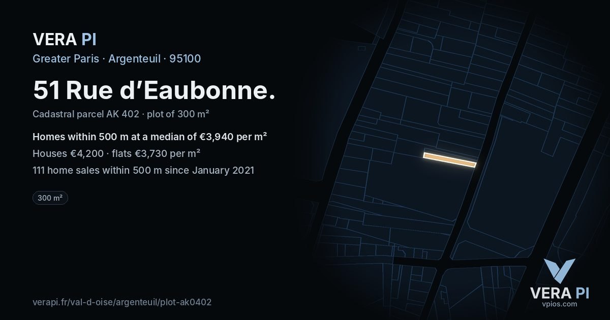 51 Rue d’Eaubonne, Argenteuil at night – the plot lit, the parcels around coloured by the prices near them