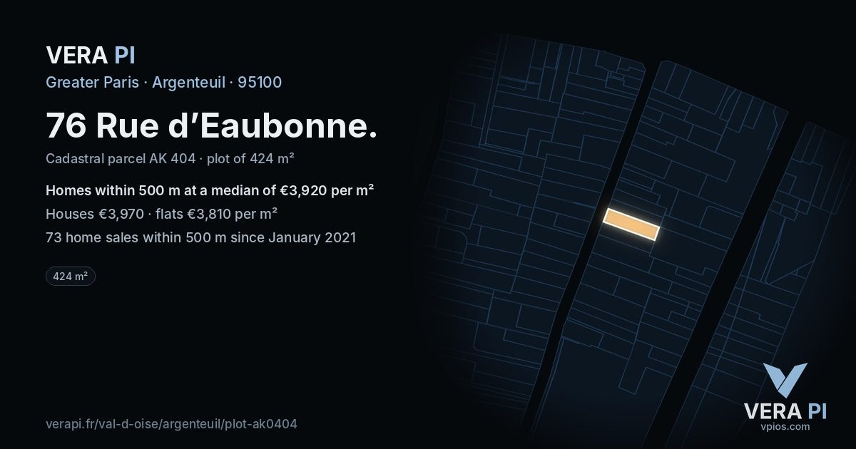76 Rue d’Eaubonne, Argenteuil at night – the plot lit, the parcels around coloured by the prices near them