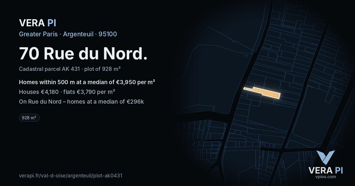 70 Rue du Nord, Argenteuil at night – the plot lit, the parcels around coloured by the prices near them