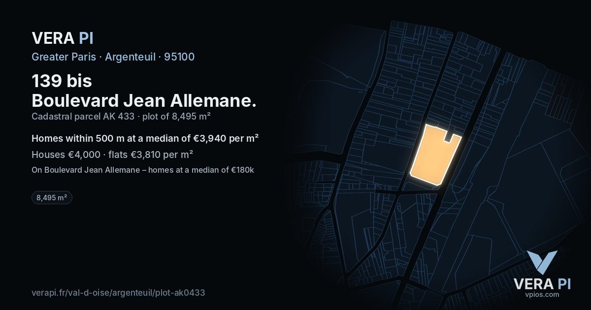 139 bis Boulevard Jean Allemane, Argenteuil at night – the plot lit, the parcels around coloured by the prices near them
