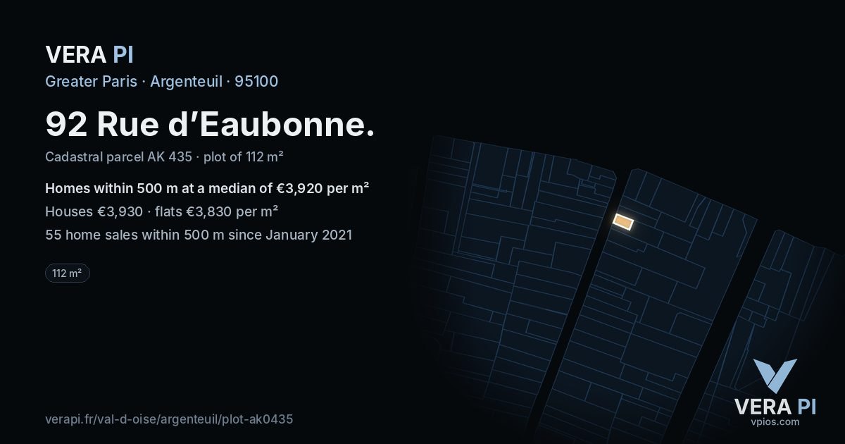 92 Rue d’Eaubonne, Argenteuil at night – the plot lit, the parcels around coloured by the prices near them
