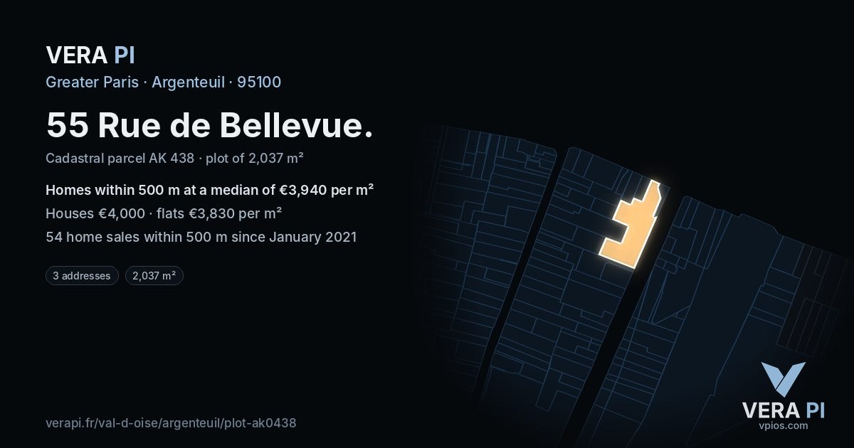 55 Rue de Bellevue, Argenteuil at night – the plot lit, the parcels around coloured by the prices near them