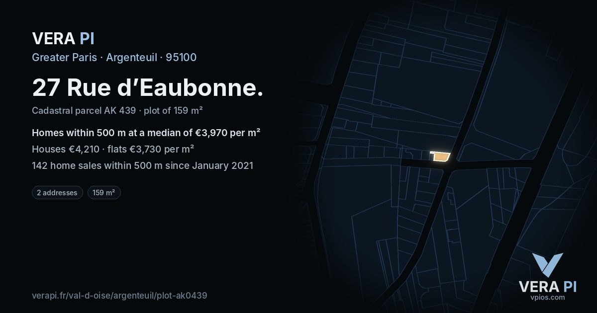 27 Rue d’Eaubonne, Argenteuil at night – the plot lit, the parcels around coloured by the prices near them