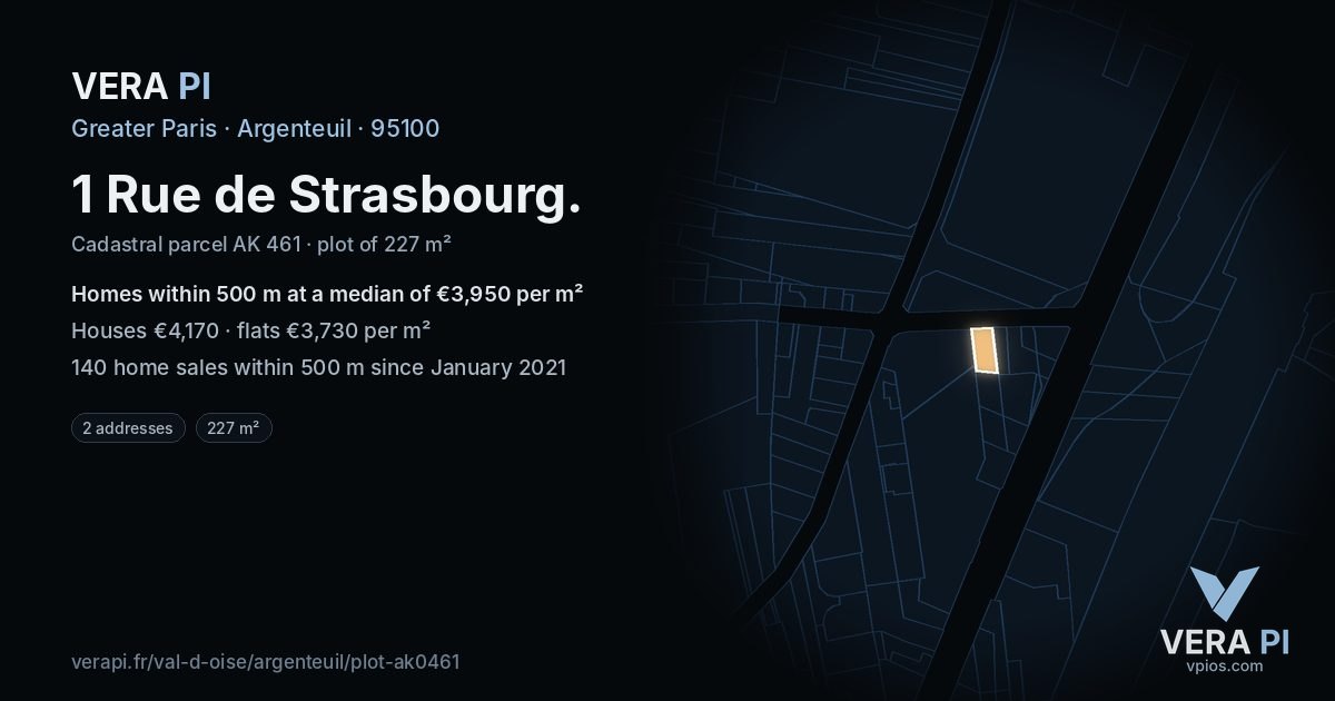 1 Rue de Strasbourg, Argenteuil at night – the plot lit, the parcels around coloured by the prices near them