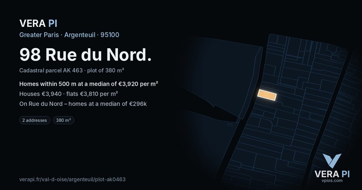 98 Rue du Nord, Argenteuil at night – the plot lit, the parcels around coloured by the prices near them