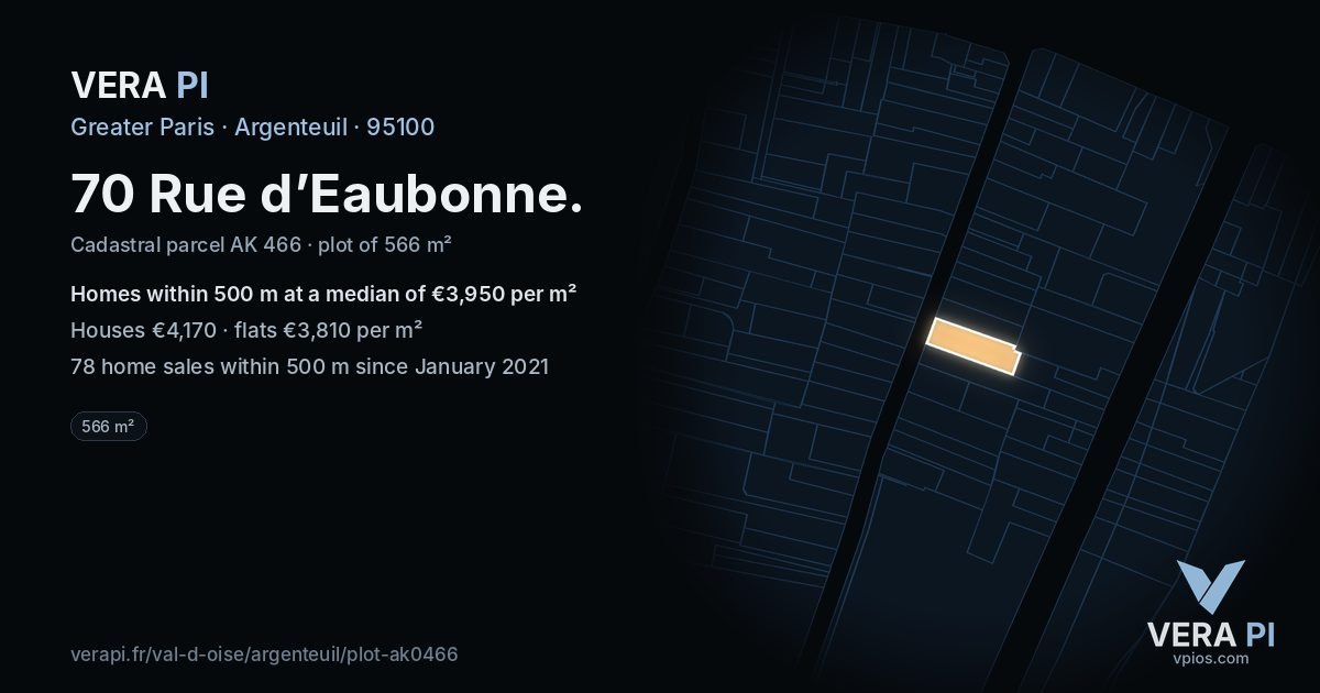70 Rue d’Eaubonne, Argenteuil at night – the plot lit, the parcels around coloured by the prices near them